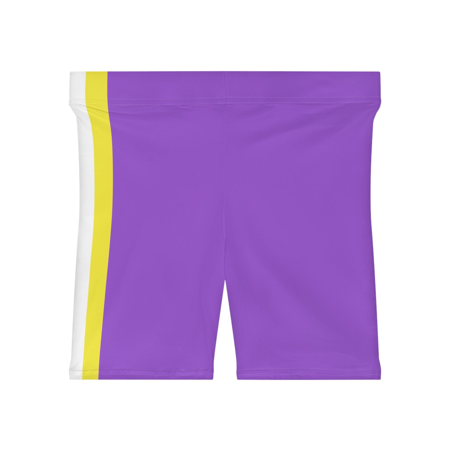 A person is wearing Non-binary Pride Flag Bike pants, featuring moisture-wicking polyester material and vertical stripes in black, purple, white, and yellow on the side - the nonbinary pride flag. The image shows the lower torso and upper thigh area from a side view.