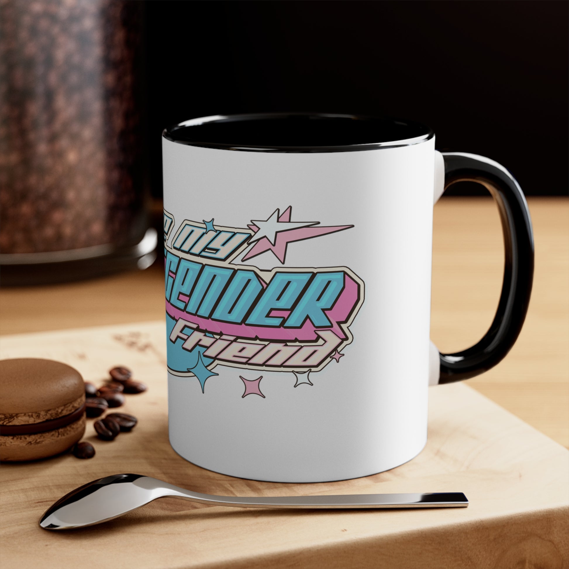 The "I Love My Transgender Friend" original design accent mug by Printify is a white mug with a vibrant blue interior. It showcases a colorful retro design and bold text that reads "I love my transgender friend," adorned with pink, blue, and white stars. This mug is perfect for anyone special.