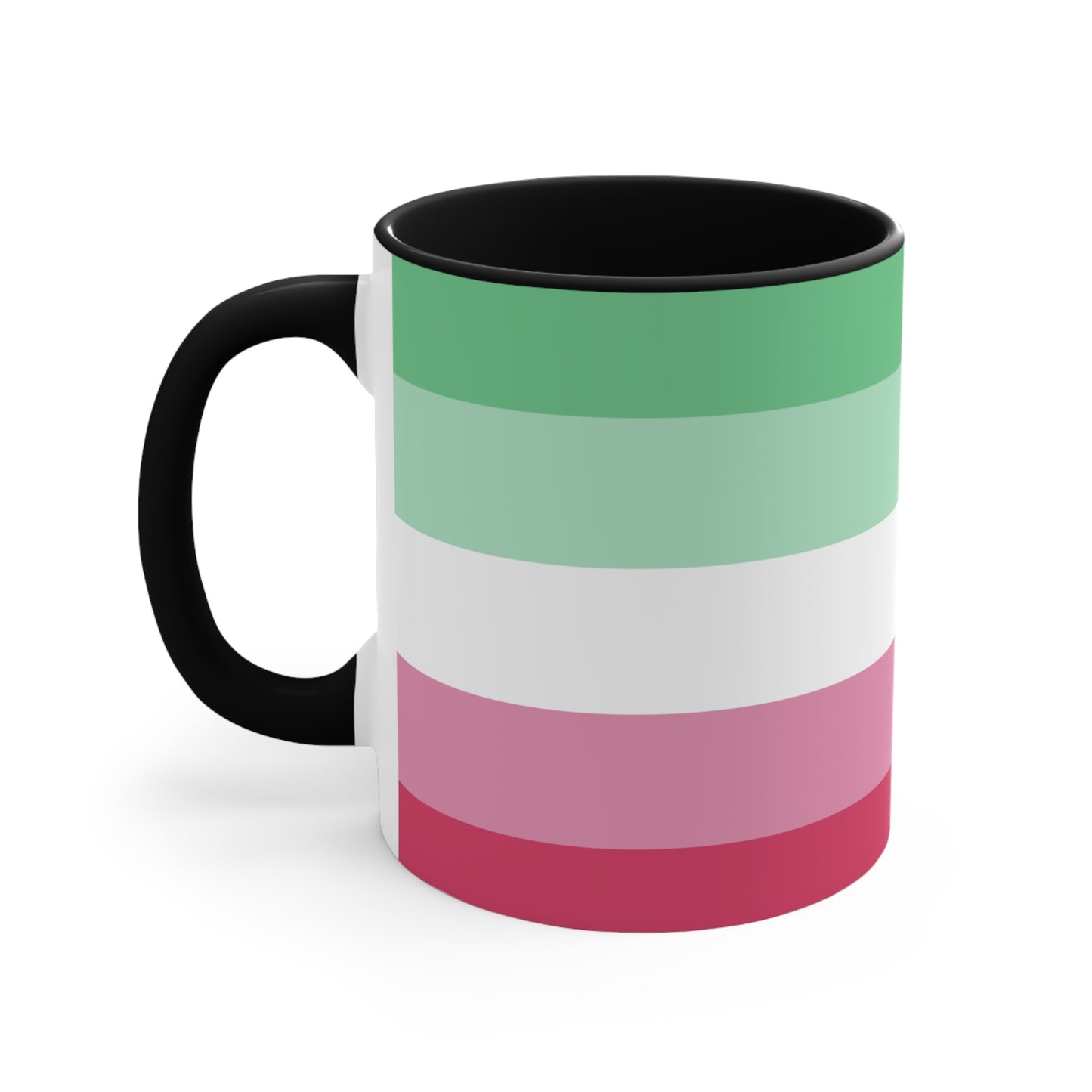 The Abro, Abroromantic, Abrosexual pride flag Accent Mug by Printify is a ceramic mug designed with horizontal stripes in green, light green, white, pink, and red to reflect the vibrant hues of the Abrosexual pride flag. It also features a pink handle and a colorful interior.