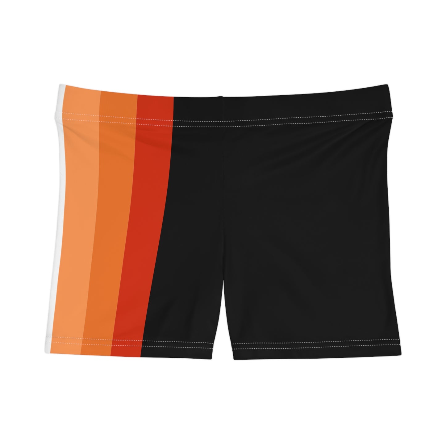 A person wearing the custom "Lesbian Pride Flag Short Shorts" by Printify, featuring a high-waisted design with dark orange, light orange, white, pink, and purple stripes from the lesbian pride flag. The individual is shown from the side against a plain white background, highlighting the polyester spandex blend fabric.