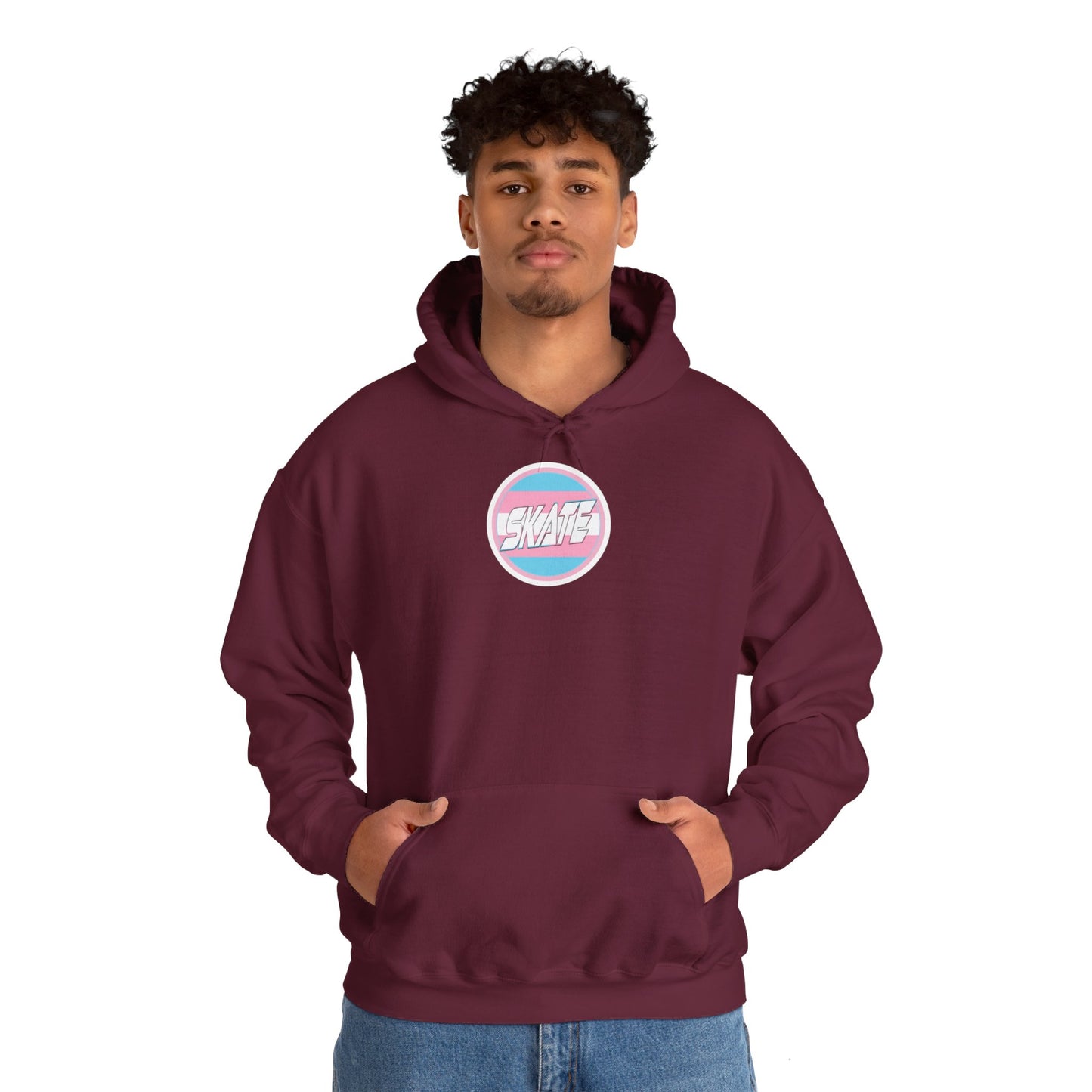 Add Custom Name - SKATE Trans Flag round logo Hoodie - Australian Shipping