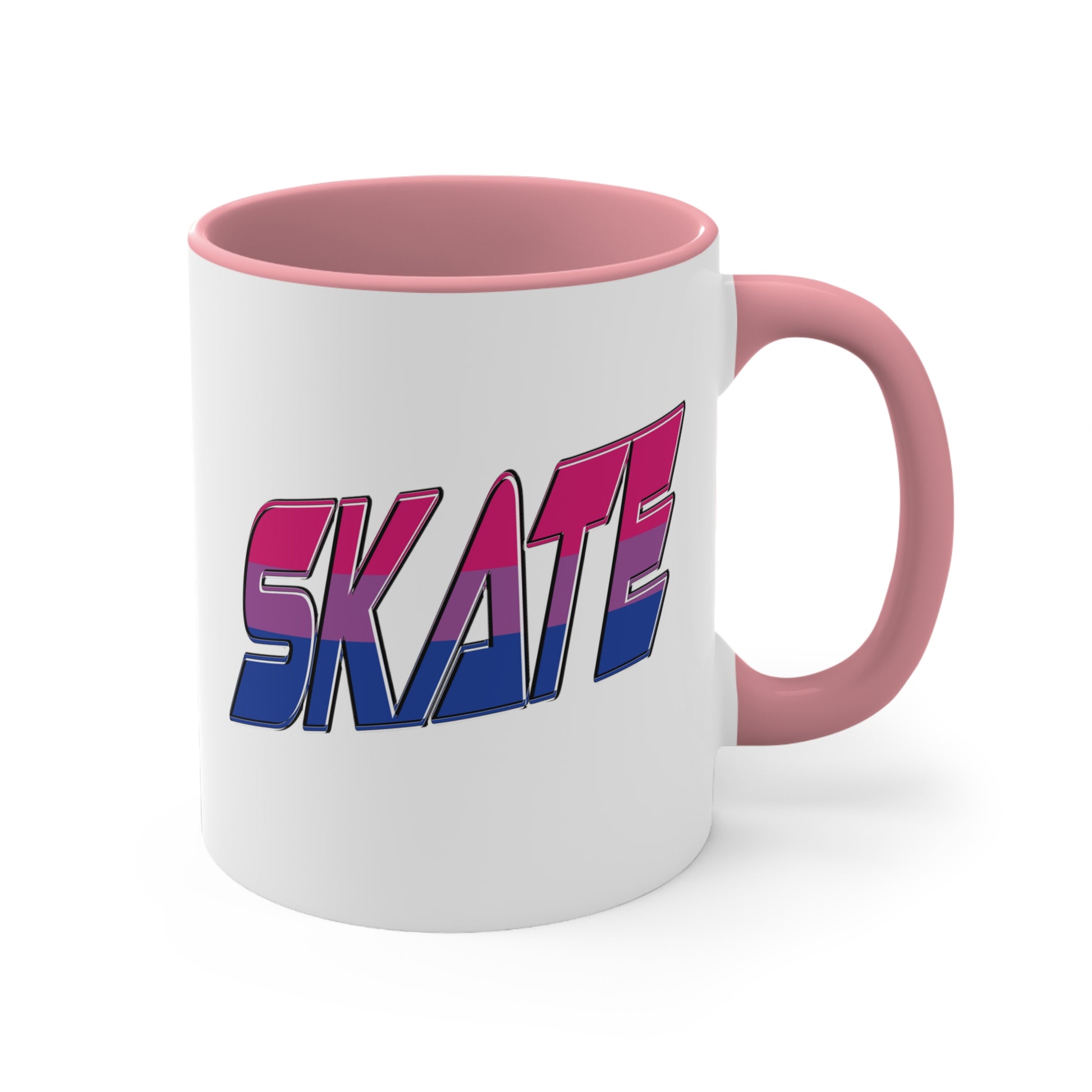 The Printify SKATE bisexual pride flag accent mug features a white base with a blue handle and vibrant interior. It proudly displays the word "SKATE" in bold, stylized gradient lettering, transitioning from pink at the top to blue at the bottom, creating an eye-catching contrast that evokes a sense of movement and energy.