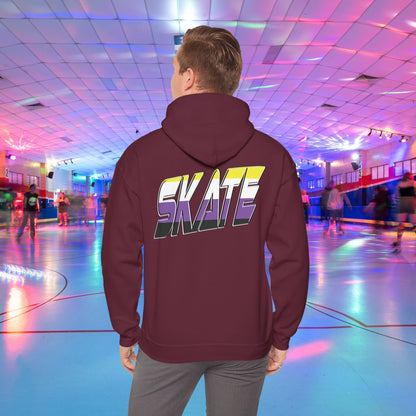 A person with light brown hair is wearing a high-quality SKATE Non-binary Pride Hoodie from Printify, featuring bold, colorful letters spelling "SKATE" on the back in non binary pride flag colours. They are standing in a roller skating rink with flashing neon lights, while other people skate around in the background.