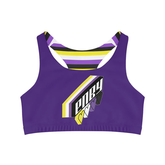 The ENBY pride Seamless Sports Crop Top by Printify highlights bold stripes in black, white, and yellow against a purple backdrop. Made from moisture-wicking fabric, it showcases the word "enby" prominently along with four heart shapes in matching colors to celebrate non-binary pride.