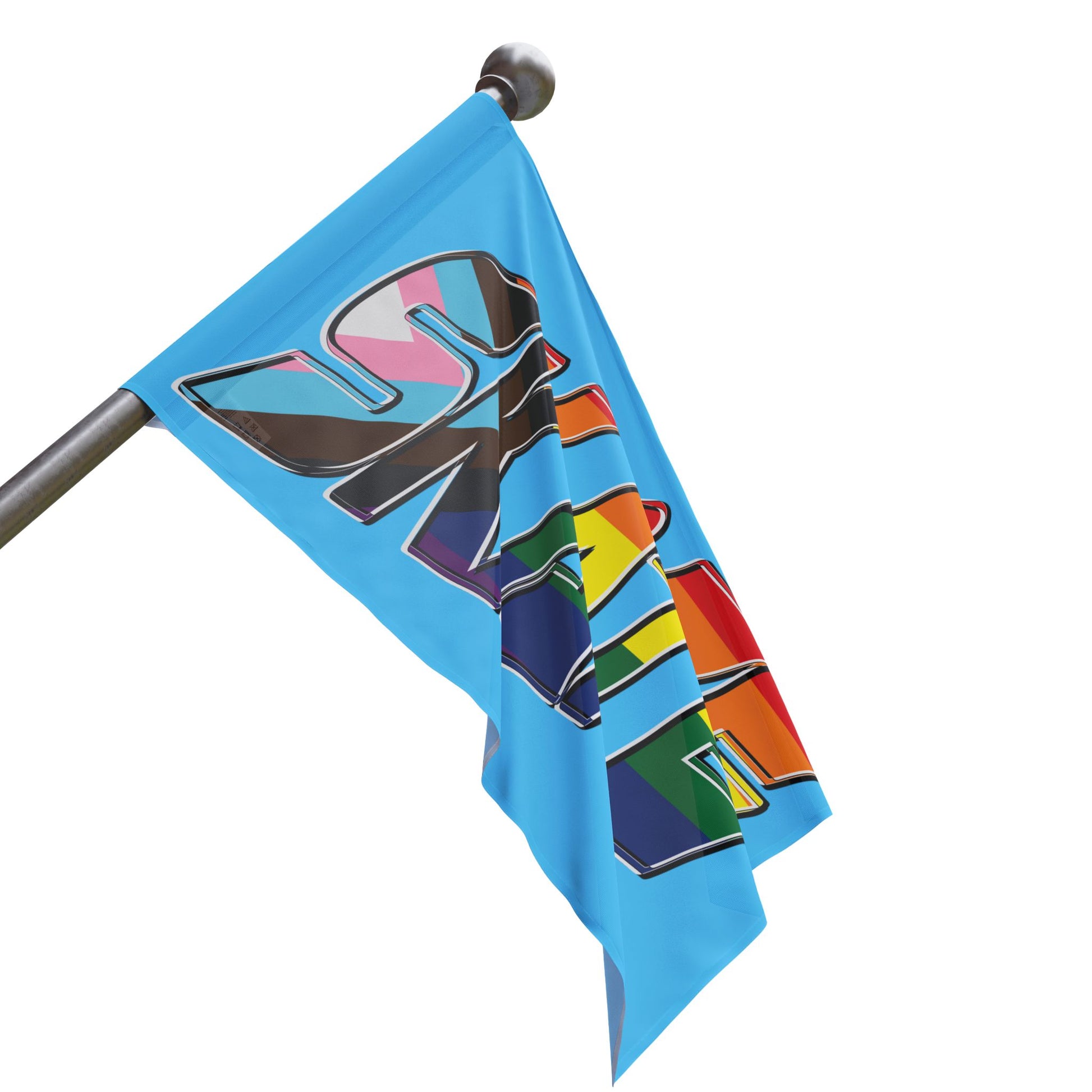 The "SKATE progress pride original logo flag - blue" by Printify features a light blue polyester organza material. The word "SKATE" is prominently displayed in large, bold letters, with each letter filled using segments of various LGBTQ+ pride flags, including the rainbow pride flag and the progress pride flag, celebrating queer skating pride.