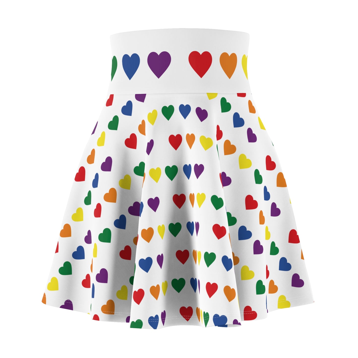 Introducing the Rainbow Pride Hearts Skater Skirt by Gay Skate: a white pleated skater skirt adorned with a pattern of colorful pride flag rainbow hearts in various sizes. The hearts come in vibrant shades of red, orange, yellow, green, blue, and purple. Featuring a cozy soft touch and a waistband highlighted with purple hearts, this versatile piece is sure to become an everyday favorite.