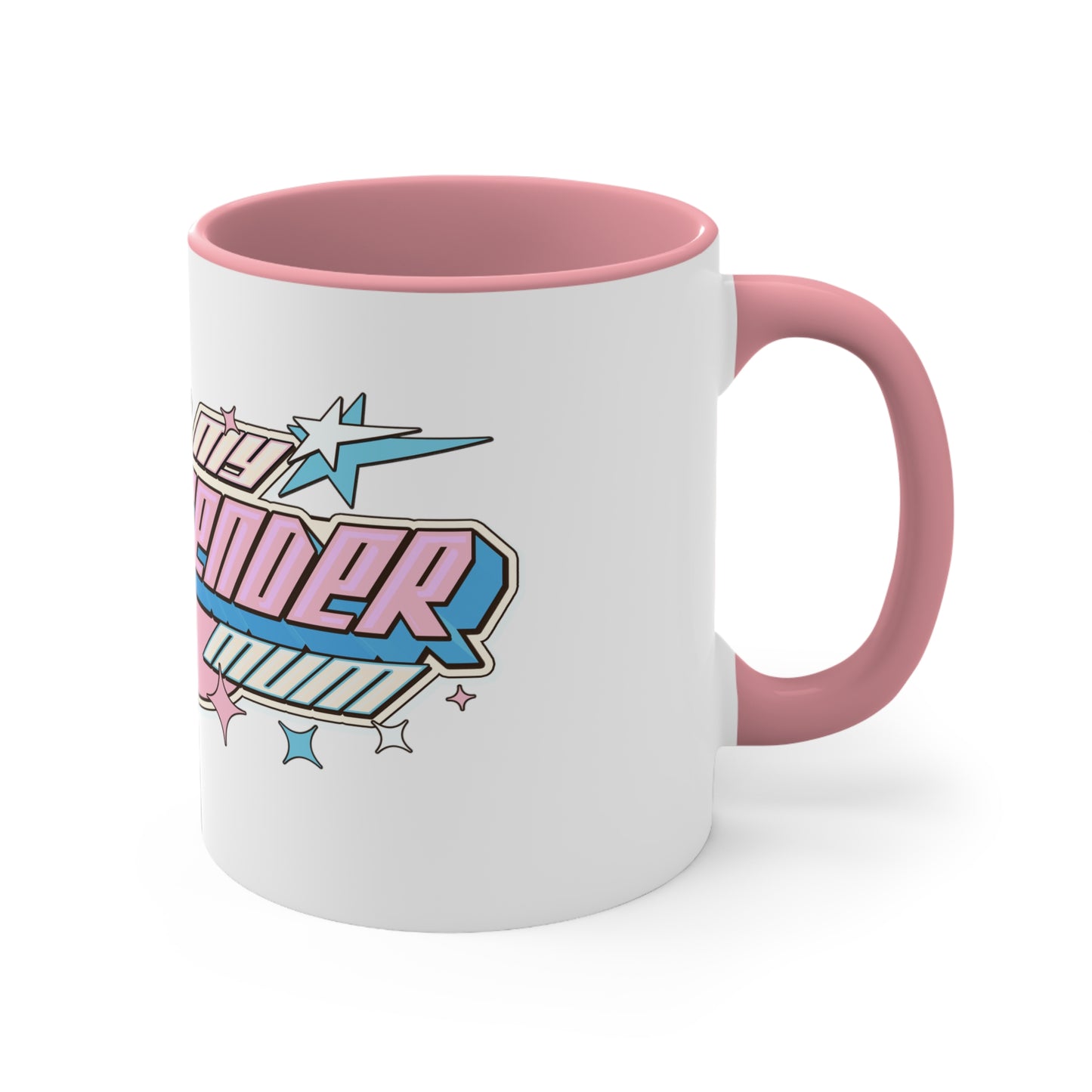 The "I Love My Transgender Mum" original design accent mug by Printify is a white ceramic mug with a vibrant pink interior. It features the stylized word "Transcend," adorned with stars and gradient shades of pink, blue, and purple that represent the colors of the transgender pride flag.