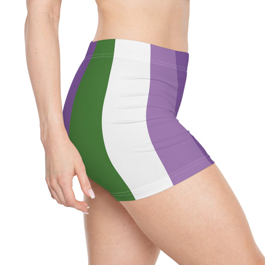 A person is wearing the Genderqueer Pride Flag Short Shorts by Printify, featuring high-waisted, unisex active wear shorts with green, white, and purple vertical stripes. The image captures a side view from the waist to the mid-thigh area, showcasing the design and fit of these pride shorts.