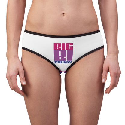 Introducing the BIG BI ENERGY bisexual pride flag briefs by Gay Skate, an original design featuring ultra-comfortable construction. These briefs showcase a white front panel adorned with "BIG BI ENERGY" in bold purple and pink letters. The waistband and leg openings are styled in black with a scalloped edge, while the sides flaunt horizontal stripes in pink, purple, and blue.