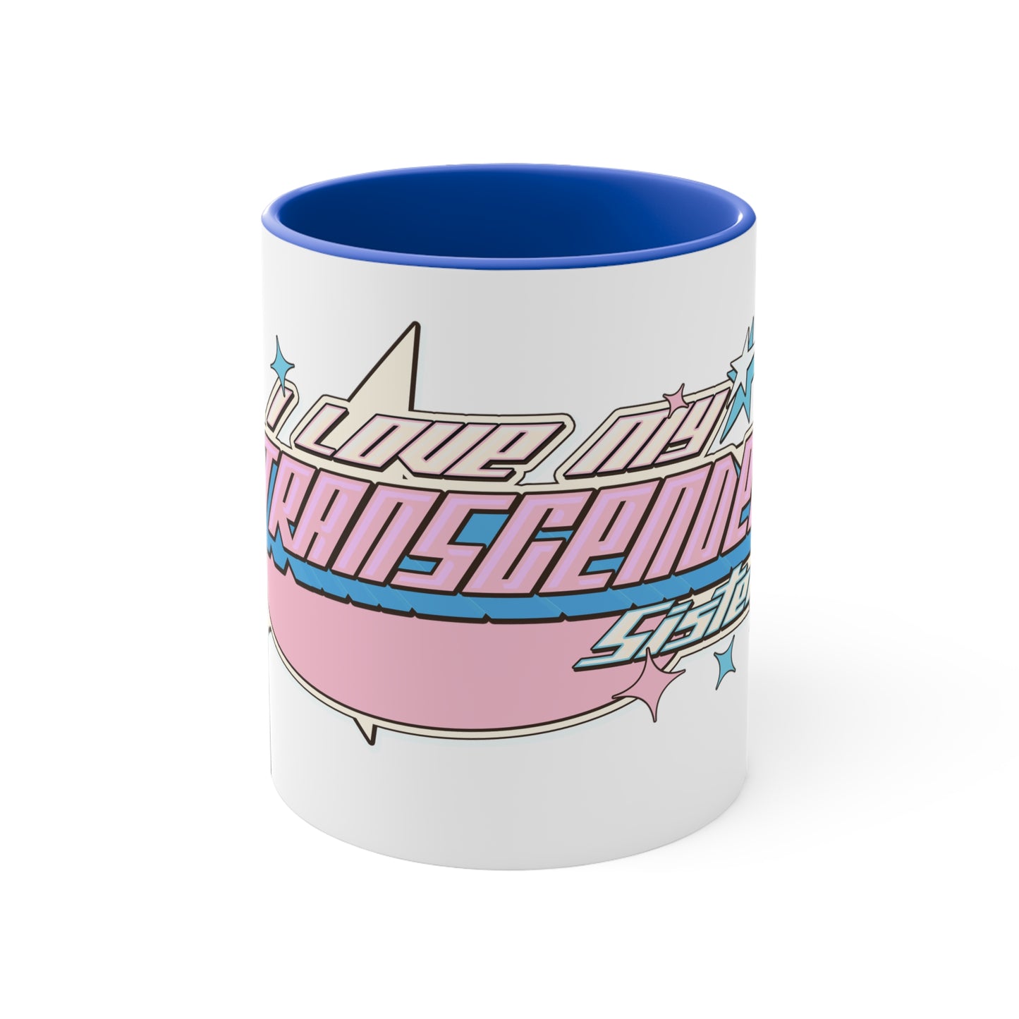 The "I Love My Transgender Sister" original design accent mug by Printify features a white exterior and a pink interior. It showcases a retro-style graphic with the bold text "I love my transgender self" across the center, adorned with light blue and pink star-shaped accents aligned to the left and right of the text. This unique mug beautifully celebrates your identity.