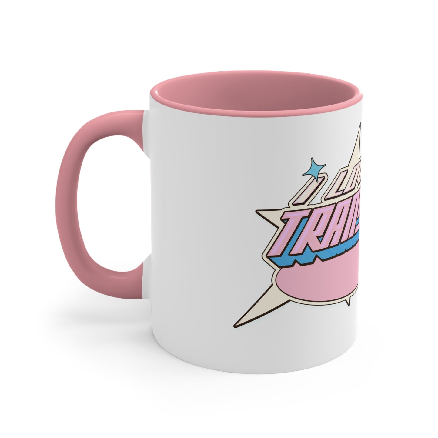 The "I Love My Transgender Mum" original design accent mug by Printify is a white ceramic mug with a vibrant pink interior. It features the stylized word "Transcend," adorned with stars and gradient shades of pink, blue, and purple that represent the colors of the transgender pride flag.