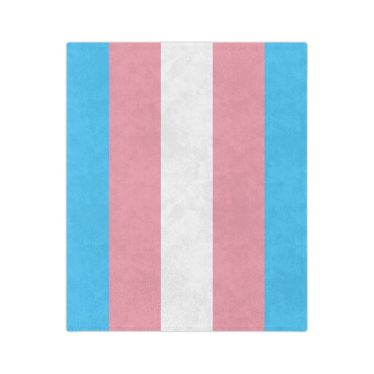 The image features the Trans Pride Flag, displaying five vertical stripes of light blue, pink, white, pink, and light blue. This elegant design is beautifully incorporated into the Polka Dot Velveteen Microfiber Blanket by Printify, offering a super-soft fleece blankie to wrap yourself in warmth and support.