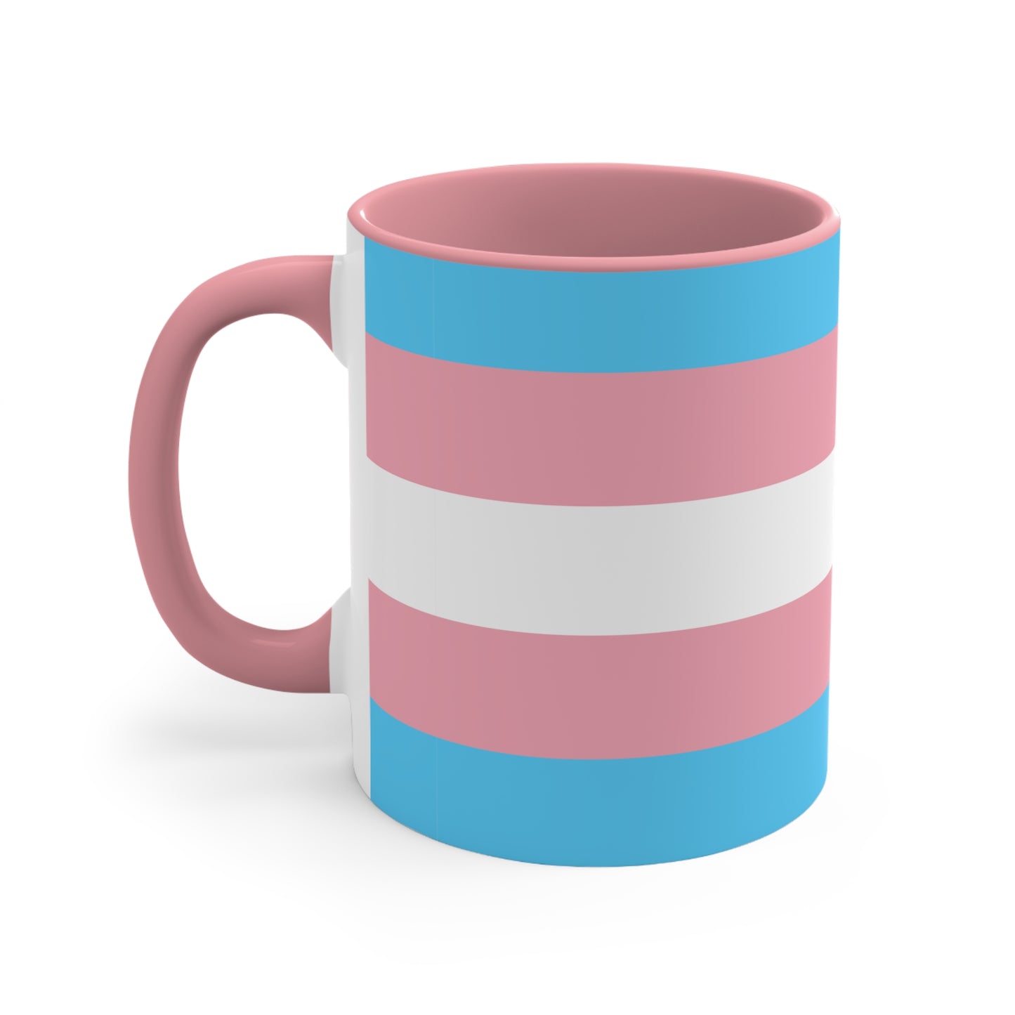 The Trans Pride Flag Colourful Accent Mug by Printify features a ceramic design with horizontal stripes in blue, pink, and white. Its solid blue handle perfectly complements the colorful interior.