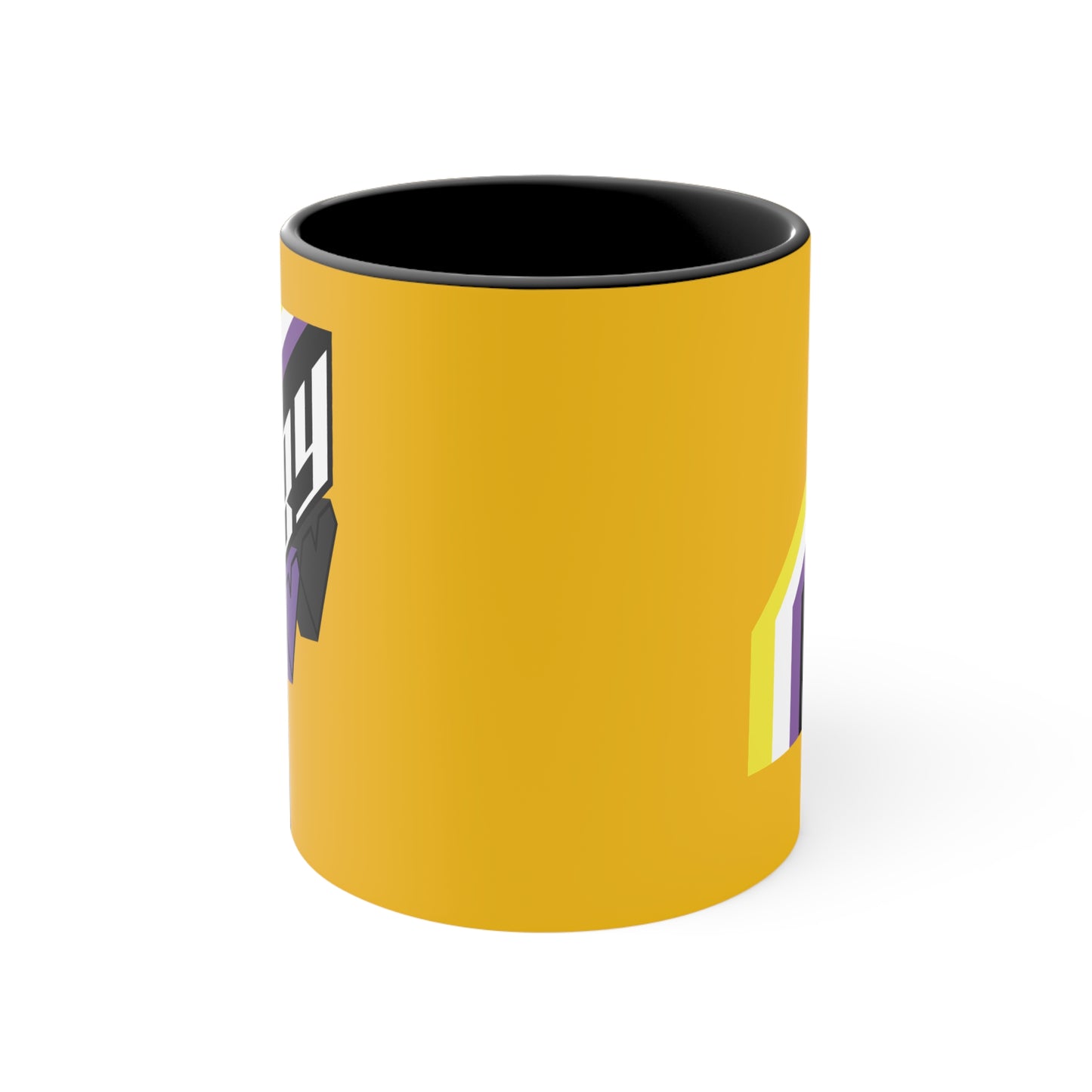 Presenting the Printify ENBY non-binary pride flag colors accent mug, a white ceramic coffee mug with a black handle and vibrant interior. It proudly features the word "enby" in bold, retro-style letters. Below "enby," three heart shapes in yellow, white, and purple celebrate non-binary pride.