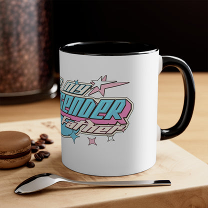 Introducing the "I Love My Transgender Father original design accent mug" by Printify, a white ceramic mug featuring a colorful blue interior. The mug showcases retro-style text in blue and pink that reads "I love my transgender father," surrounded by small stars and a large starburst background.