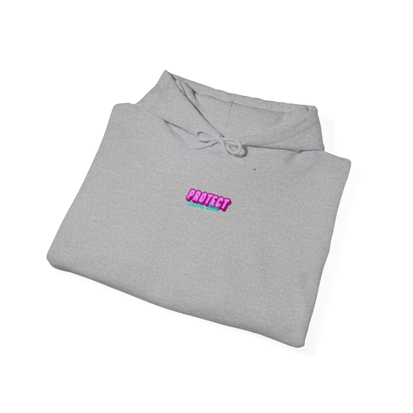 The Protect Trans Kids Hoodie, available for Australian shipping, is made from ethically grown cotton in a heavy sweatshirt style. It features "PROTECT" in pink stylized text on a plain white background and includes a drawstring hood. This unisex hoodie promotes inclusivity and style.