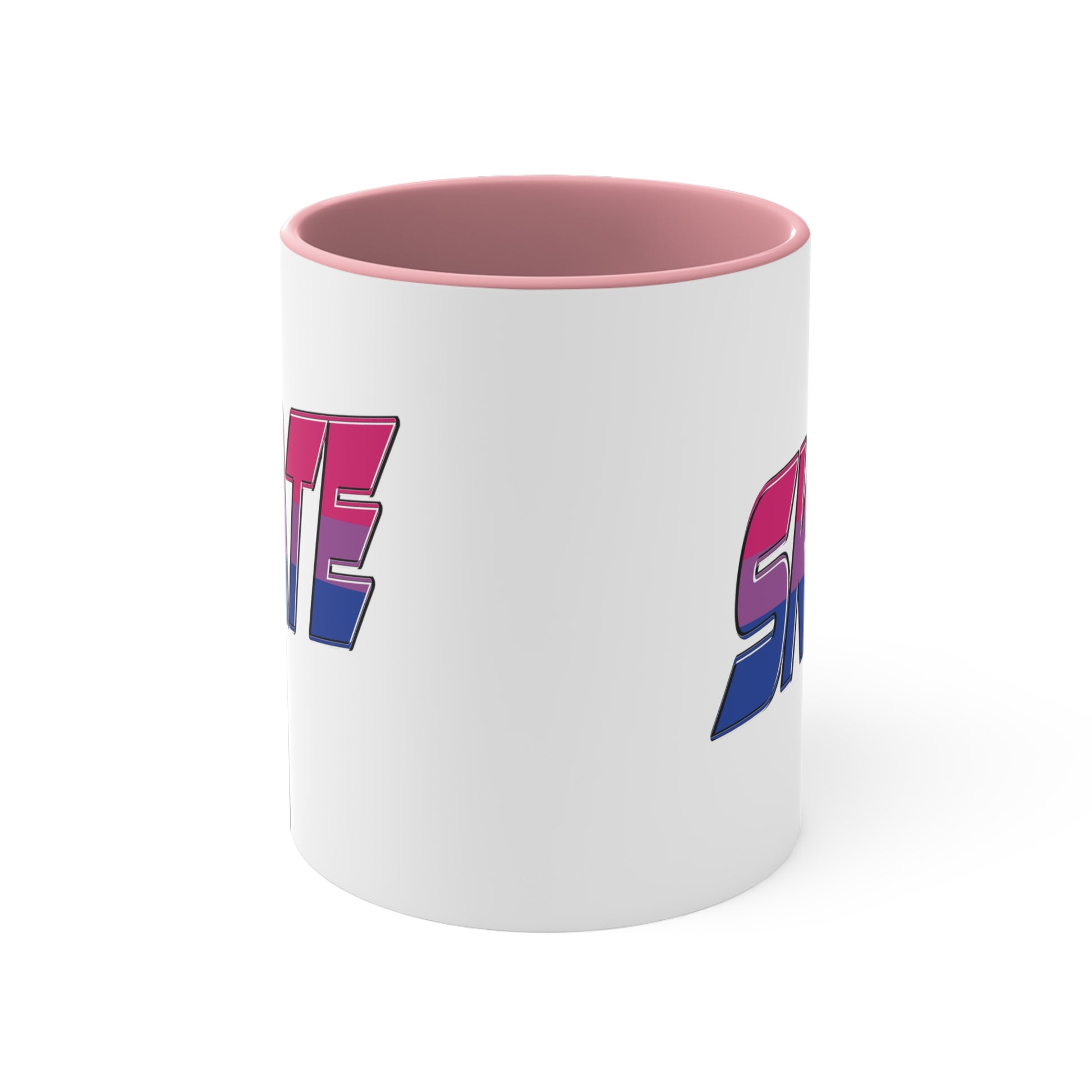 The Printify SKATE bisexual pride flag accent mug features a white base with a blue handle and vibrant interior. It proudly displays the word "SKATE" in bold, stylized gradient lettering, transitioning from pink at the top to blue at the bottom, creating an eye-catching contrast that evokes a sense of movement and energy.