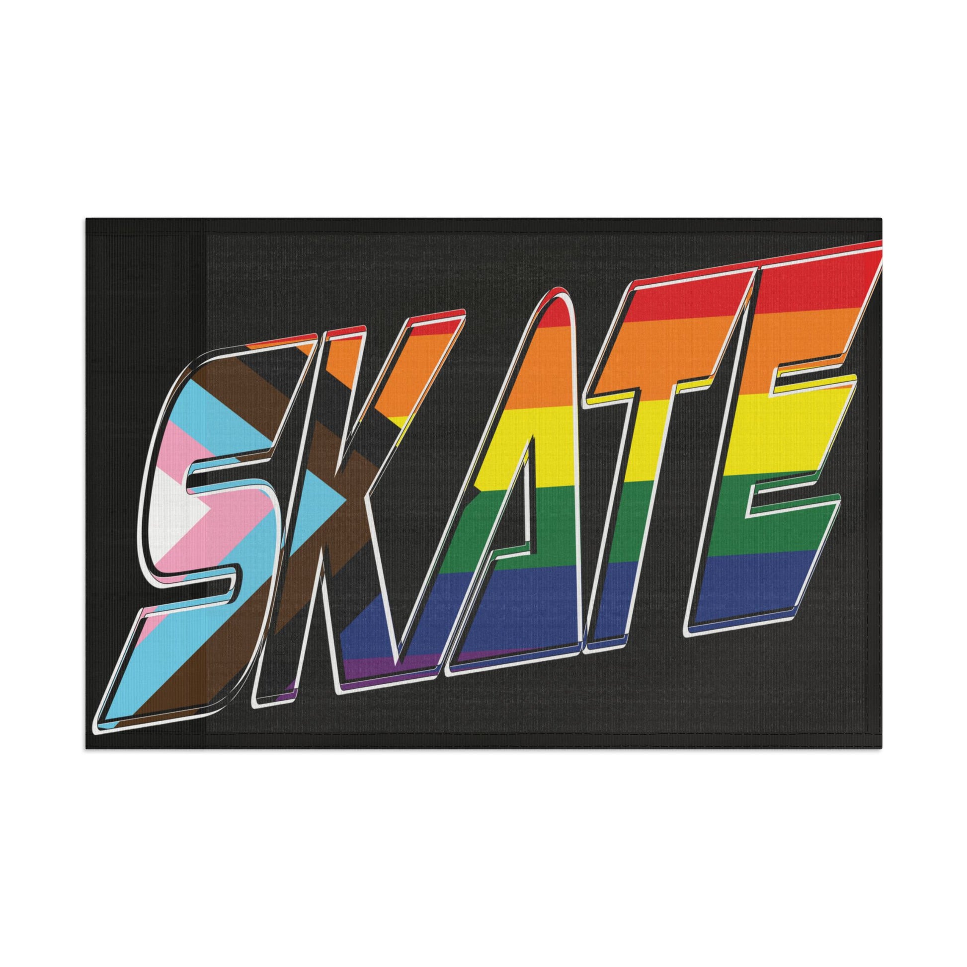 Introducing the SKATE progress pride original design flag - black by Printify. This rectangular flag features the word "SKATE" in bold and colorful letters that showcase various pride flag colors, including the rainbow Pride flag, the transgender flag, and the Progress Pride flag. Made from durable polyester organza with a satin finish, it’s perfect for displaying your queer skating pride.