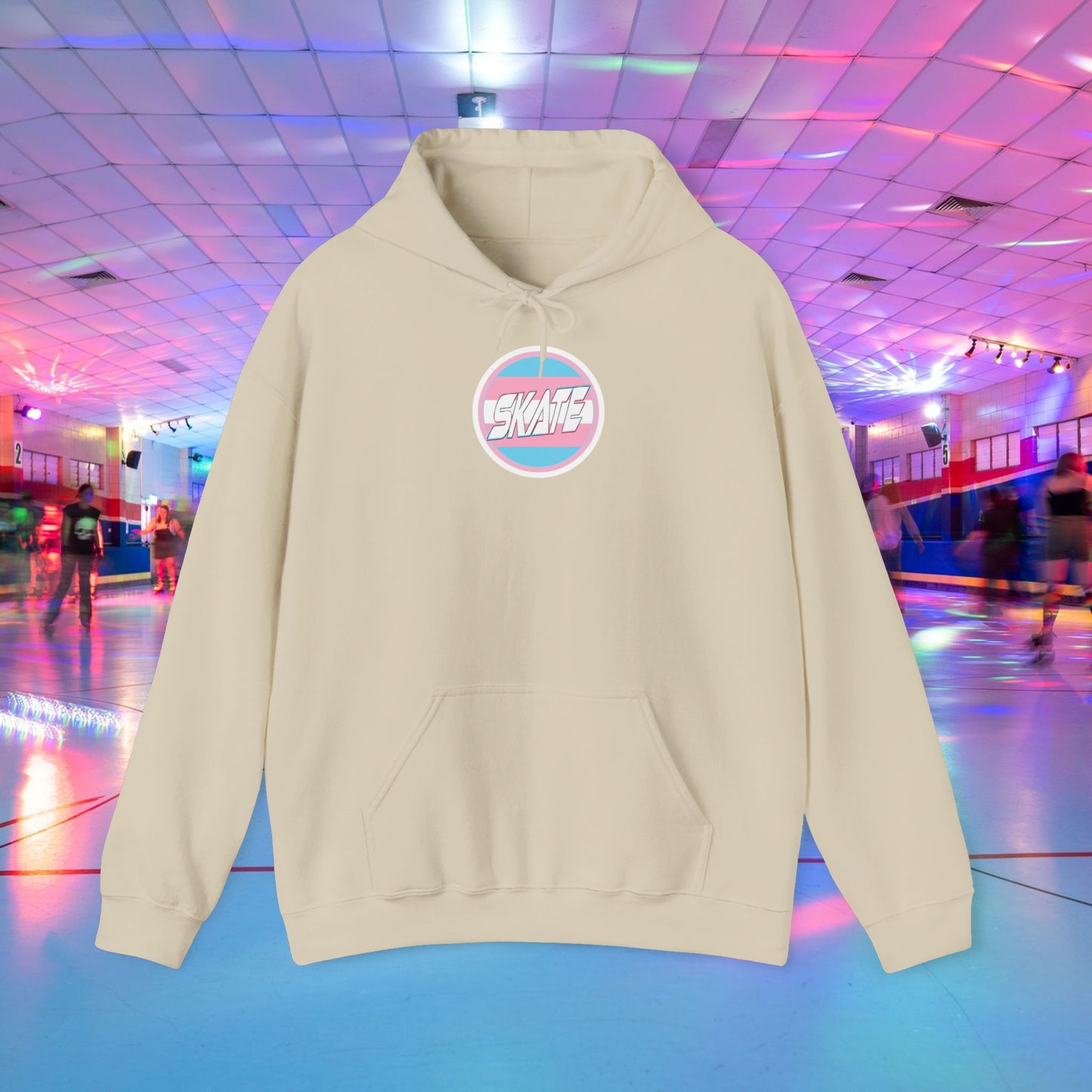 Add Custom Name - SKATE Trans Flag round logo Hoodie - Australian Shipping