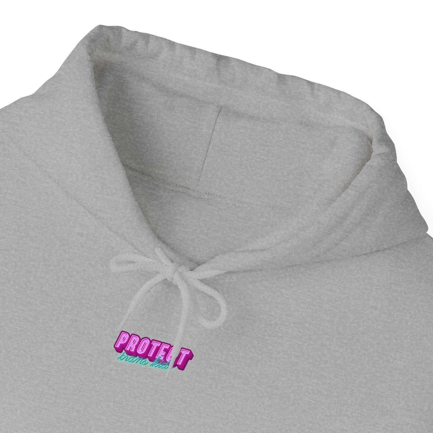 The "Protect Trans Kids Hoodie - Australian Shipping" is a unisex gray design made from ethically grown cotton, featuring embroidered "PROTECT Your Peace" text in pink and teal on the chest, with white strings for adjustable comfort.