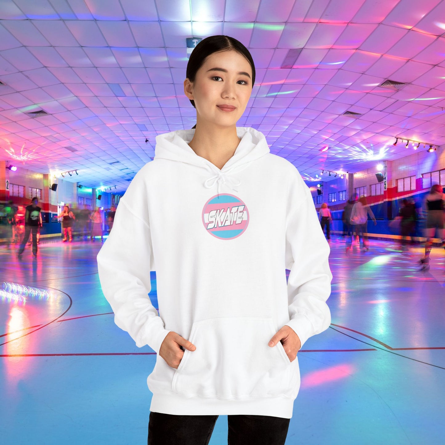 Add Custom Name - SKATE Trans Flag round logo Hoodie - Australian Shipping