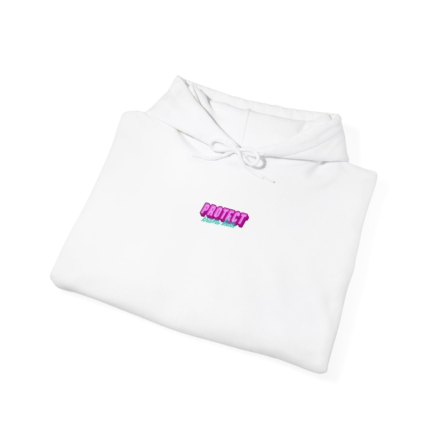 The "Protect Trans Kids Hoodie - Australian Shipping" is a white unisex hoodie featuring a pink and green chest graphic reading "PROTECT." Made from ethically grown cotton, this heavy blend sweatshirt is neatly folded with its hood and drawstrings visible.