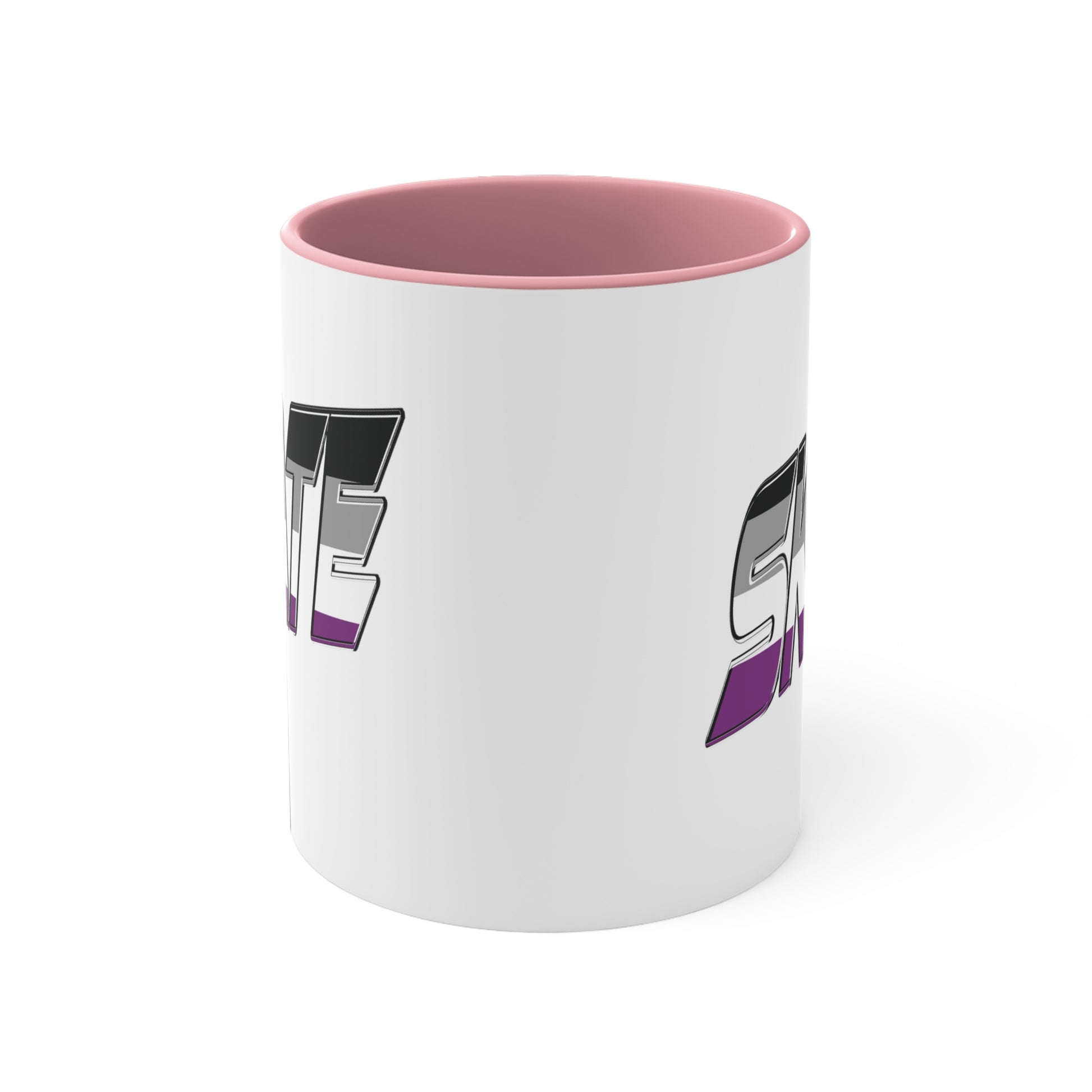 The SKATE asexual pride flag accent mug from Printify features a striking design: a white base with a black handle and vibrant interior. The word "SKATE" is boldly displayed on the side in 3D-style letters, showcasing an eye-catching gradient that transitions from black and gray at the top to purple at the bottom.