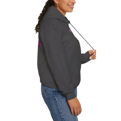 Wearing the "Protect Trans Kids Hoodie - Australian Shipping," a person in dark gray unisex ethically grown cotton smiles and holds the hoodie strings.