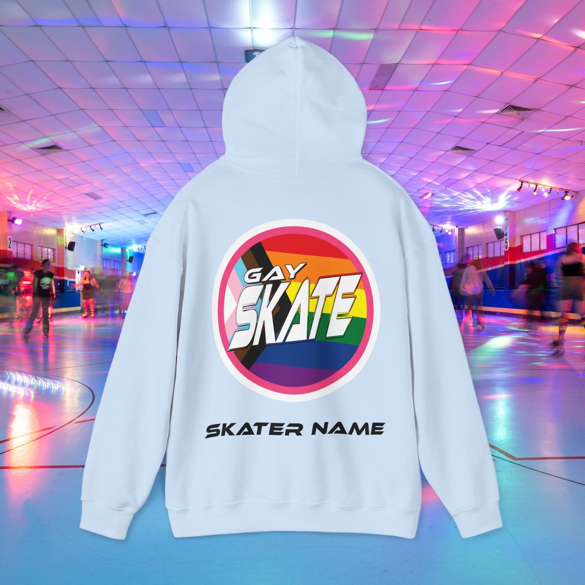 Gay Skate progress pride rainbow flag original logo on street wear hoodie. Back of hoodie with customised skater name added.