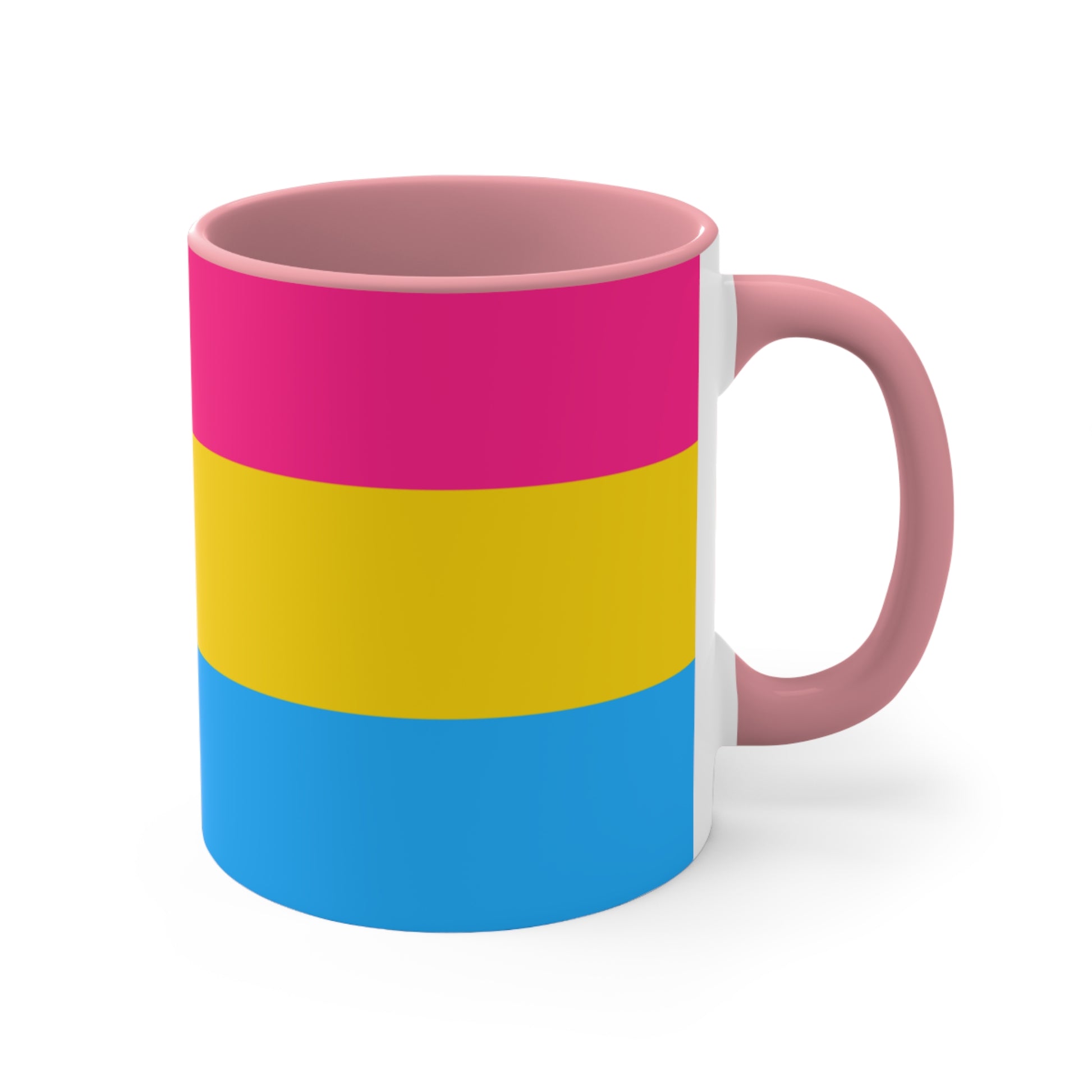 The Pansexual Pride Flag colourful accent mug from Printify features a ceramic design with a pink handle and colorful interior that showcases the colors of the pan pride flag: pink on top, yellow in the middle, and blue on the bottom.