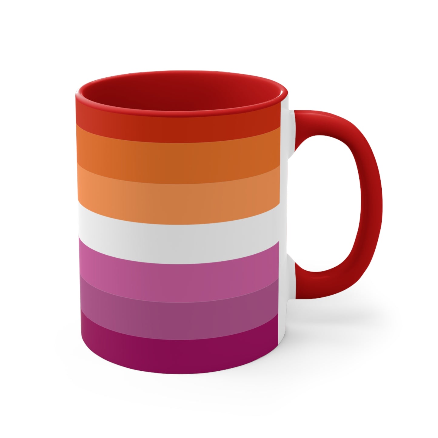 The Lesbian pride flag colorful accent mug by Printify features a vibrant design with horizontal stripes in varying shades of orange, pink, and purple. It has a red handle and colorful interior that create an eye-catching contrast against the plain white background.