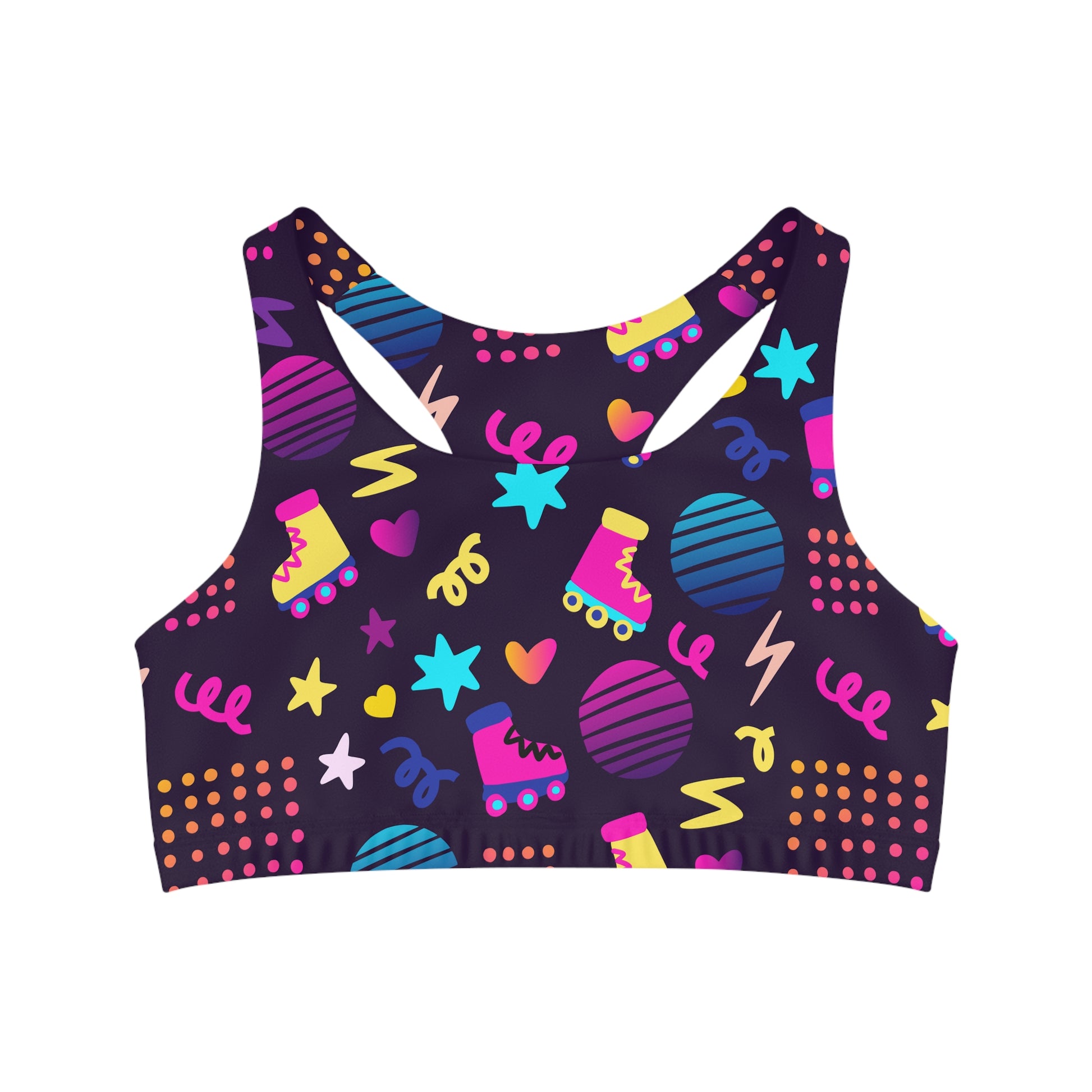 Introducing the Retro Rollerskates seamless sports crop, a dynamic athletic crop top adorned with an energetic 1980s graphic. This design showcases roller skates, hearts, stars, zigzags, and polka dots on a black background. Featuring bright rainbow pink, yellow, blue, and purple tones in a seamless format for ultimate comfort and crafted with moisture-wicking fabric to help keep you cool.