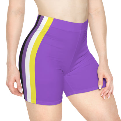 A person is wearing Non-binary Pride Flag Bike pants, featuring moisture-wicking polyester material and vertical stripes in black, purple, white, and yellow on the side - the nonbinary pride flag. The image shows the lower torso and upper thigh area from a side view.