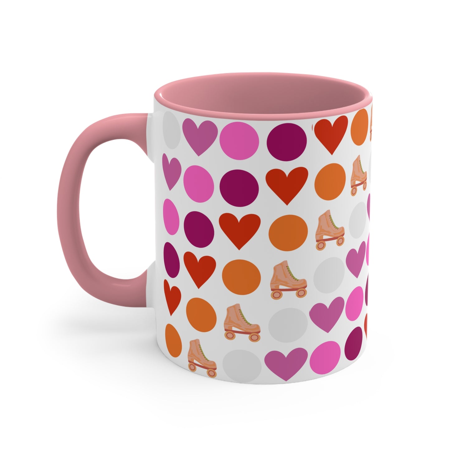 The Subtle Lesbian Pride + Roller Skate Colourful Accent Mug by Printify is a white ceramic mug featuring a red handle and a vibrant interior. It is adorned with a playful pattern of hearts, circles, and roller skates in an array of colors, including pink, purple, orange, and red.