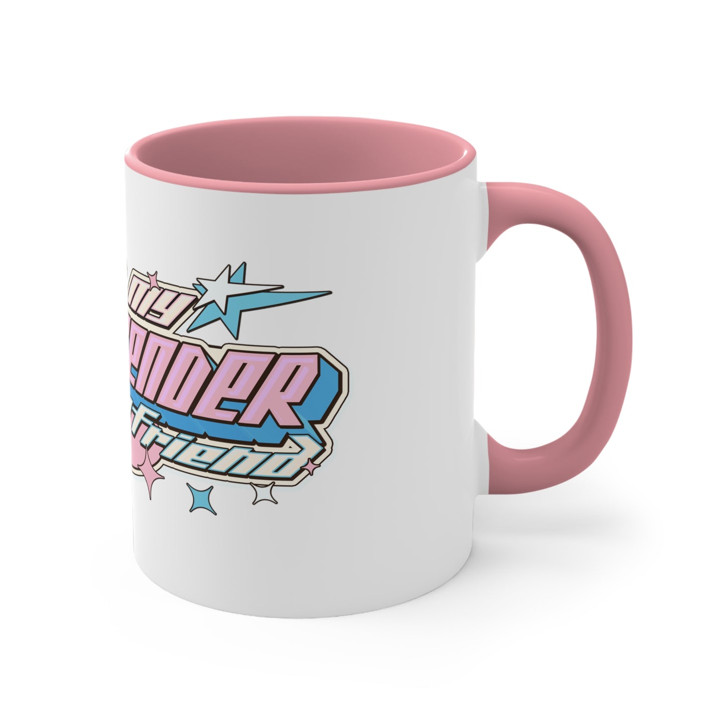 The I Love My Transgender Girlfriend original design accent mug by Printify is a white mug with a colorful interior. It features bold, playful letters that spell out "I Love My Transgender Girlfriend" along with star accents, all in the colors of the transgender pride flag: pink, blue, and white.