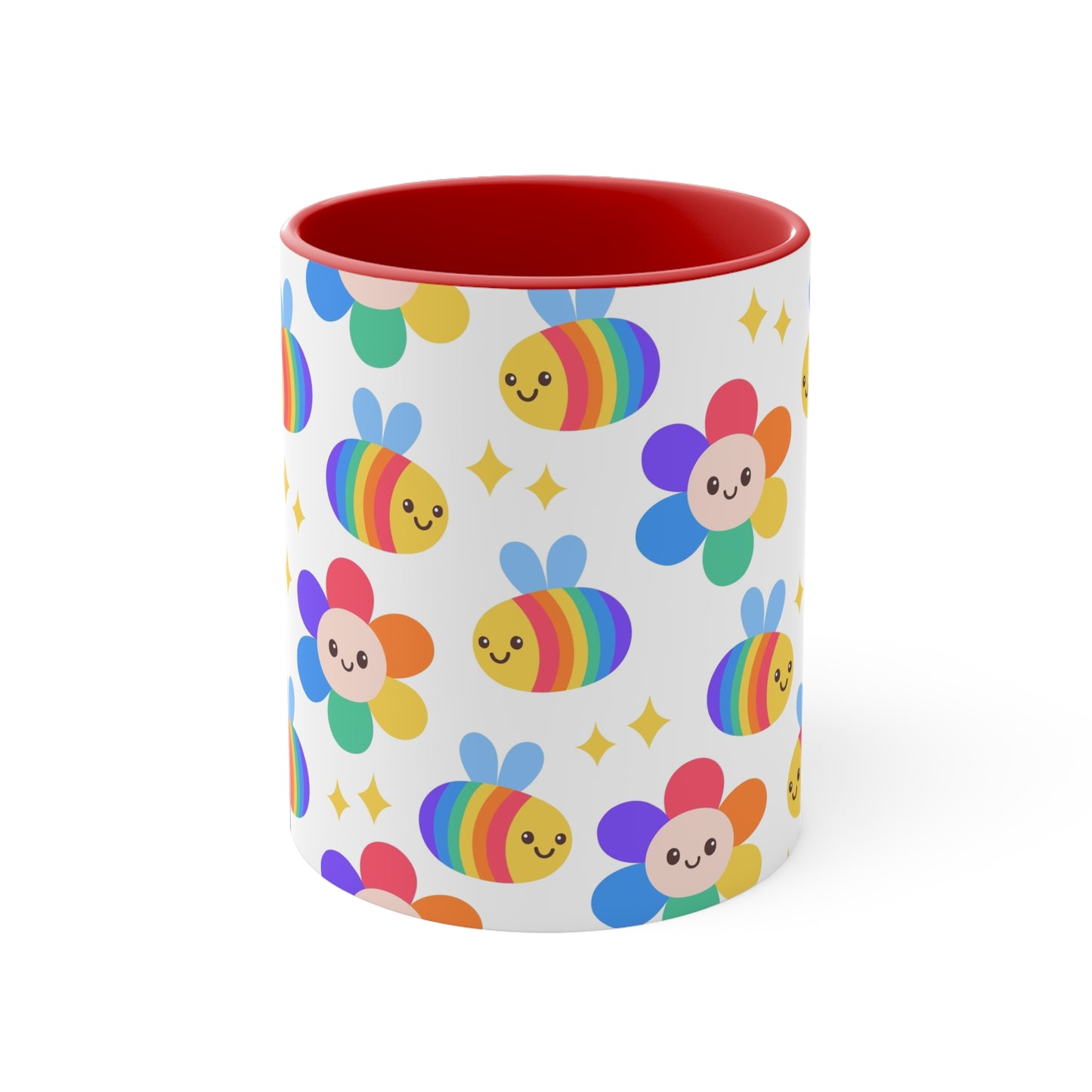 The Subtle Rainbow Pride - Flowers and Bees Colourful Accent Mug by Printify is a white ceramic mug with a red handle and colored interior, adorned with a vibrant pattern of adorable smiling bees and flower designs. The cheerful bees and flowers are rendered in bright rainbow colors reminiscent of the pride flag, with small yellow stars scattered throughout.