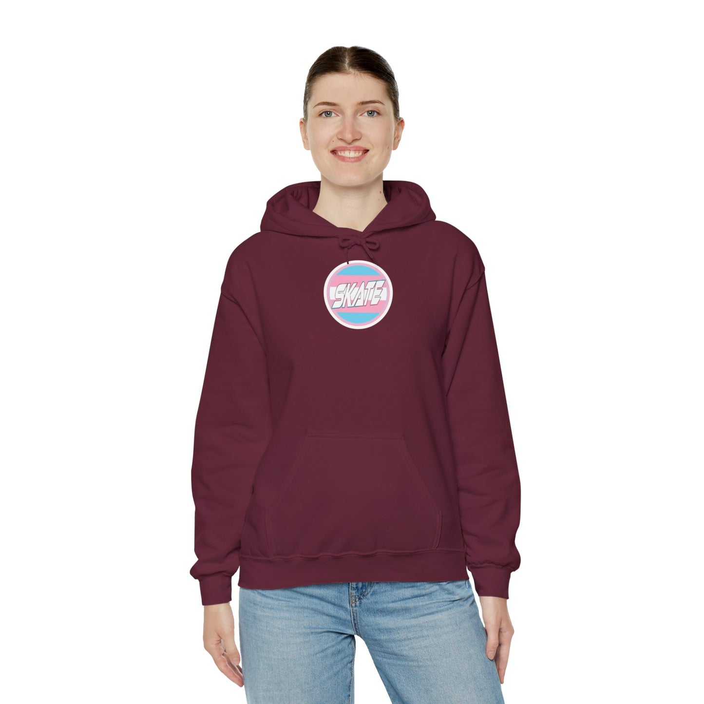 Add Custom Name - SKATE Trans Flag round logo Hoodie - Australian Shipping