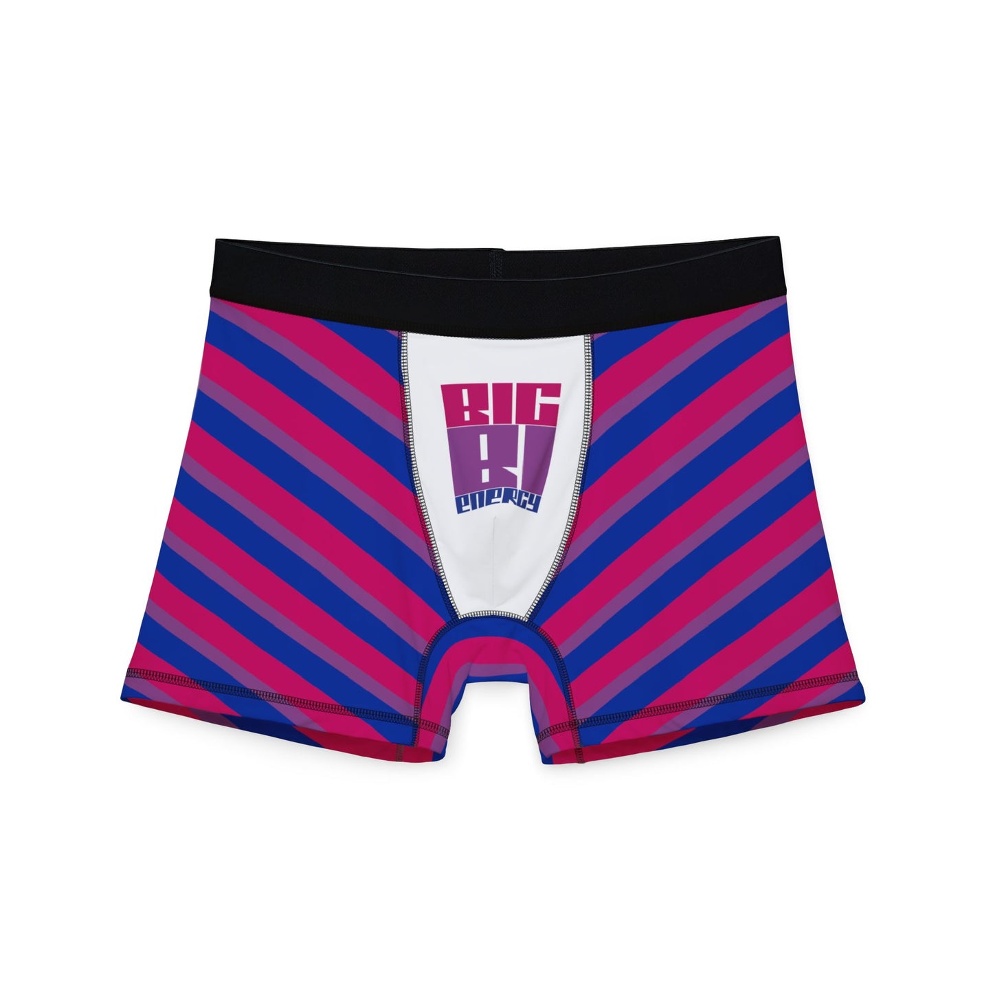 A pair of men's boxer briefs by Gay Skate, named "BIG BI ENERGY bisexual pride flag boxers - original design," is crafted from comfortable antimicrobial fabric and features diagonal stripes in varying shades of blue, pink, and purple. The waistband is solid black, while the front center panel displays a bold graphic text that reads "BIG D ENERGY" in purple and white colors.