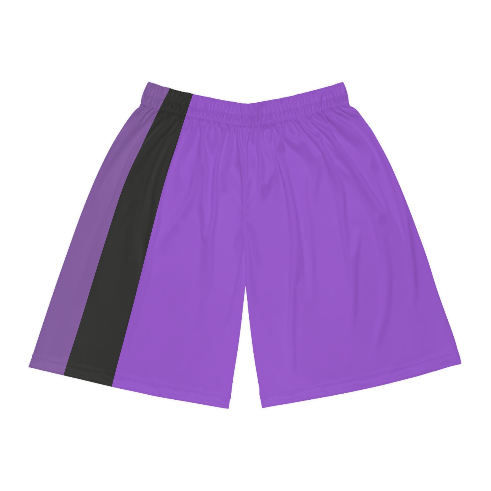 A person wearing Printify's Non-Binary Pride Flag Basketball Shorts in purple, which feature a multicolored side panel with vertical stripes of white, yellow, black, and purple, along with an adjustable waistband.