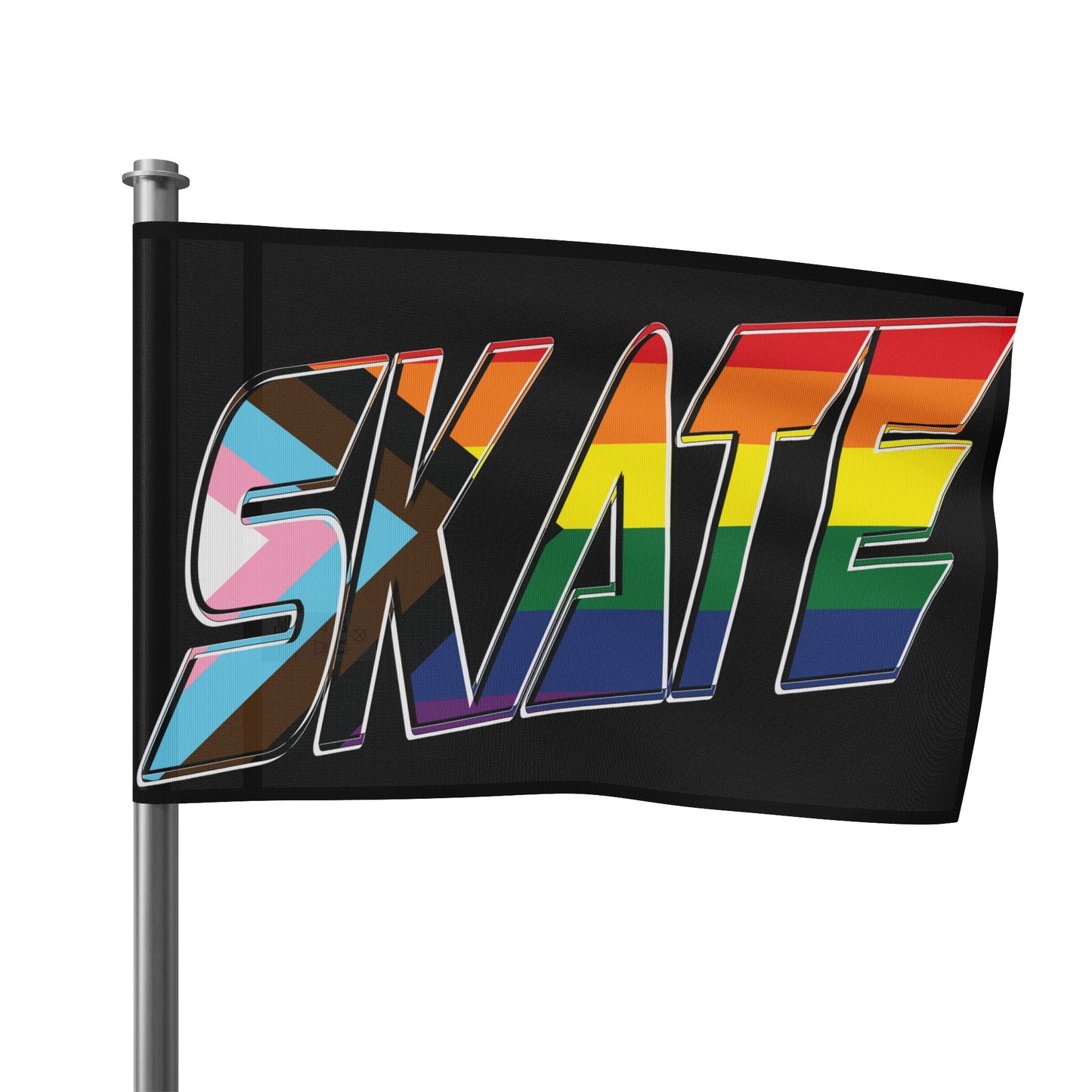 Introducing the SKATE progress pride original design flag - black by Printify. This rectangular flag features the word "SKATE" in bold and colorful letters that showcase various pride flag colors, including the rainbow Pride flag, the transgender flag, and the Progress Pride flag. Made from durable polyester organza with a satin finish, it’s perfect for displaying your queer skating pride.