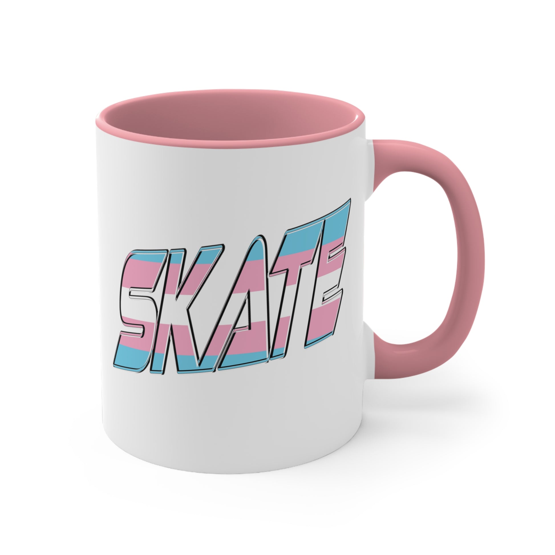 This SKATE trans pride flag accent mug by Printify features a white ceramic base with a blue handle and matching colorful interior. The word "SKATE" is emblazoned in bold letters, styled with vibrant pink and blue tones. Hand wash only to maintain its vivid design.