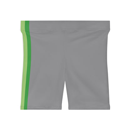 A person is wearing Aromantic Pride Flag Bike Shorts, featuring gray shorts with vertical stripes in black, white, dark green, and light green on the side. The photo focuses on their lower torso, buttocks, and upper portion of the legs, highlighting the moisture-wicking fabric of the shorts.