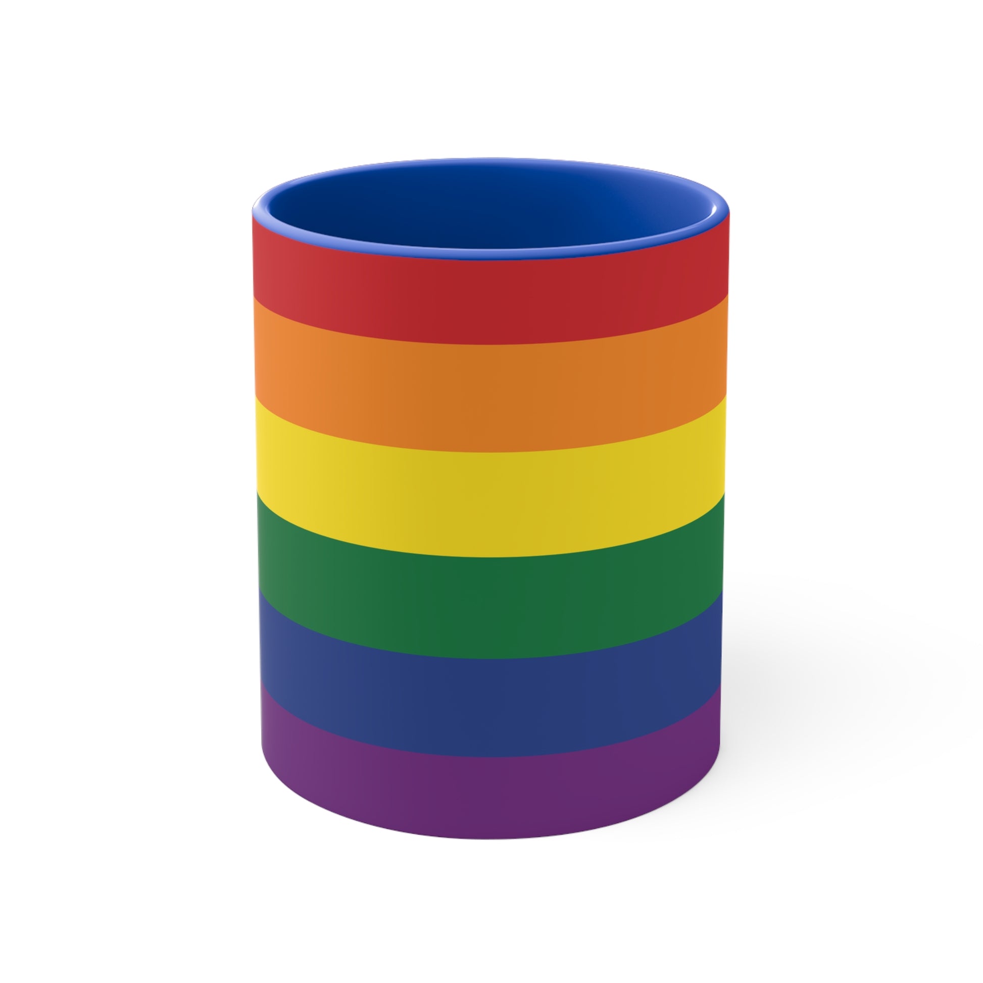 The Rainbow Pride Flag Colorful Accent Mug by Printify is a white ceramic mug featuring a red handle and interior. The exterior showcases horizontal stripes in the vibrant colors of the LGBTQ+ pride flag—red, orange, yellow, green, blue, and purple—offering a striking color contrast.