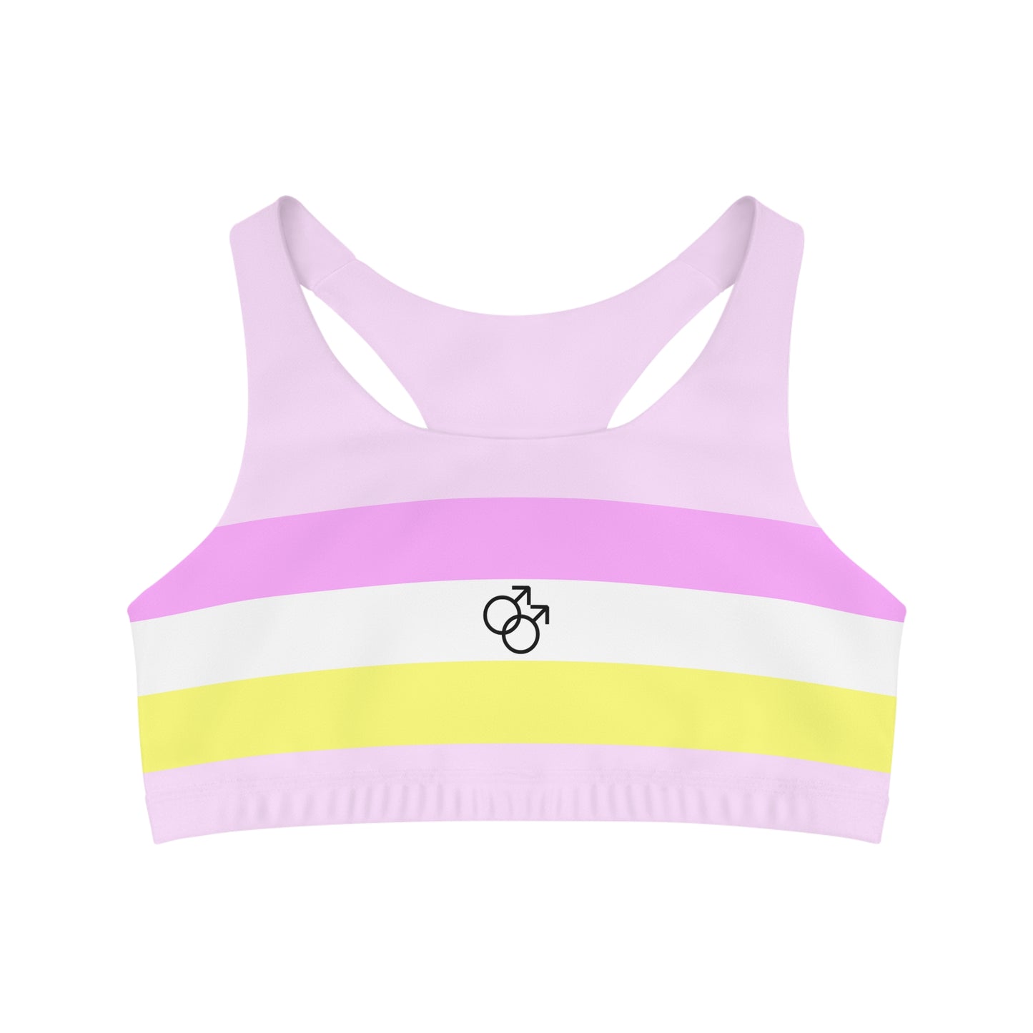 The Twink Pride Flag seamless sports crop by gay skate showcases horizontal stripes in pastel purple, pink, white, yellow with the intersex symbol prominently displayed at the front center. Made from moisture-wicking fabric for enhanced comfort during workouts, it also features a sleek design with a racerback style.