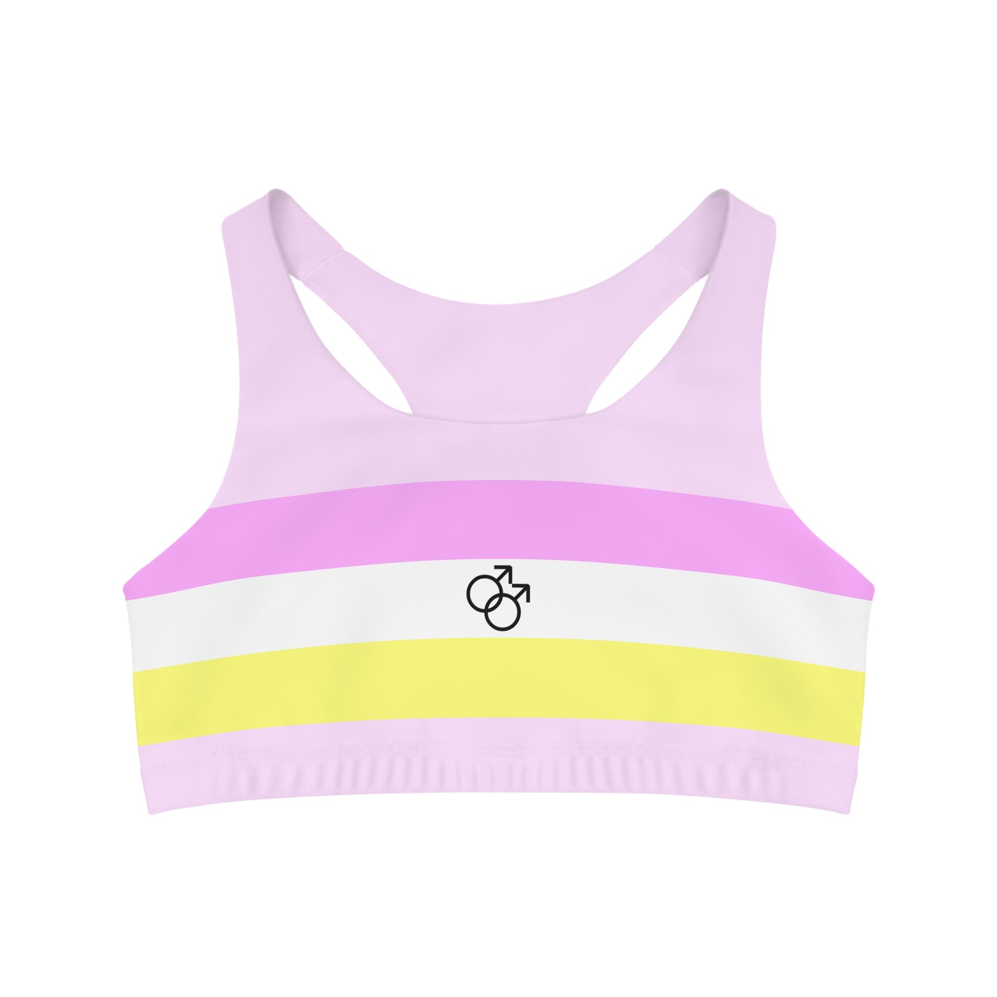 The Twink Pride Flag seamless sports crop by gay skate showcases horizontal stripes in pastel purple, pink, white, yellow with the intersex symbol prominently displayed at the front center. Made from moisture-wicking fabric for enhanced comfort during workouts, it also features a sleek design with a racerback style.