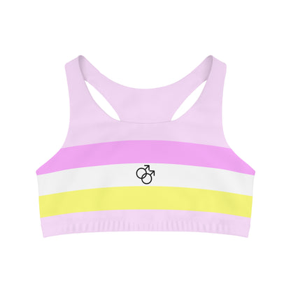 The Twink Pride Flag seamless sports crop by gay skate showcases horizontal stripes in pastel purple, pink, white, yellow with the intersex symbol prominently displayed at the front center. Made from moisture-wicking fabric for enhanced comfort during workouts, it also features a sleek design with a racerback style.