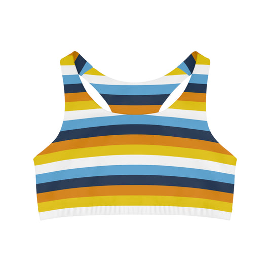 Introducing the Aroace Aromantic Asexual Pride Flag Seamless Sports Crop by Printify, a lively piece of LGBTIQAP+ activewear. This sports crop features horizontal stripes in blue, orange, yellow, and white inspired by the Aroace Pride Flag. Designed with a racerback style and made from moisture-wicking fabric for ultimate comfort.