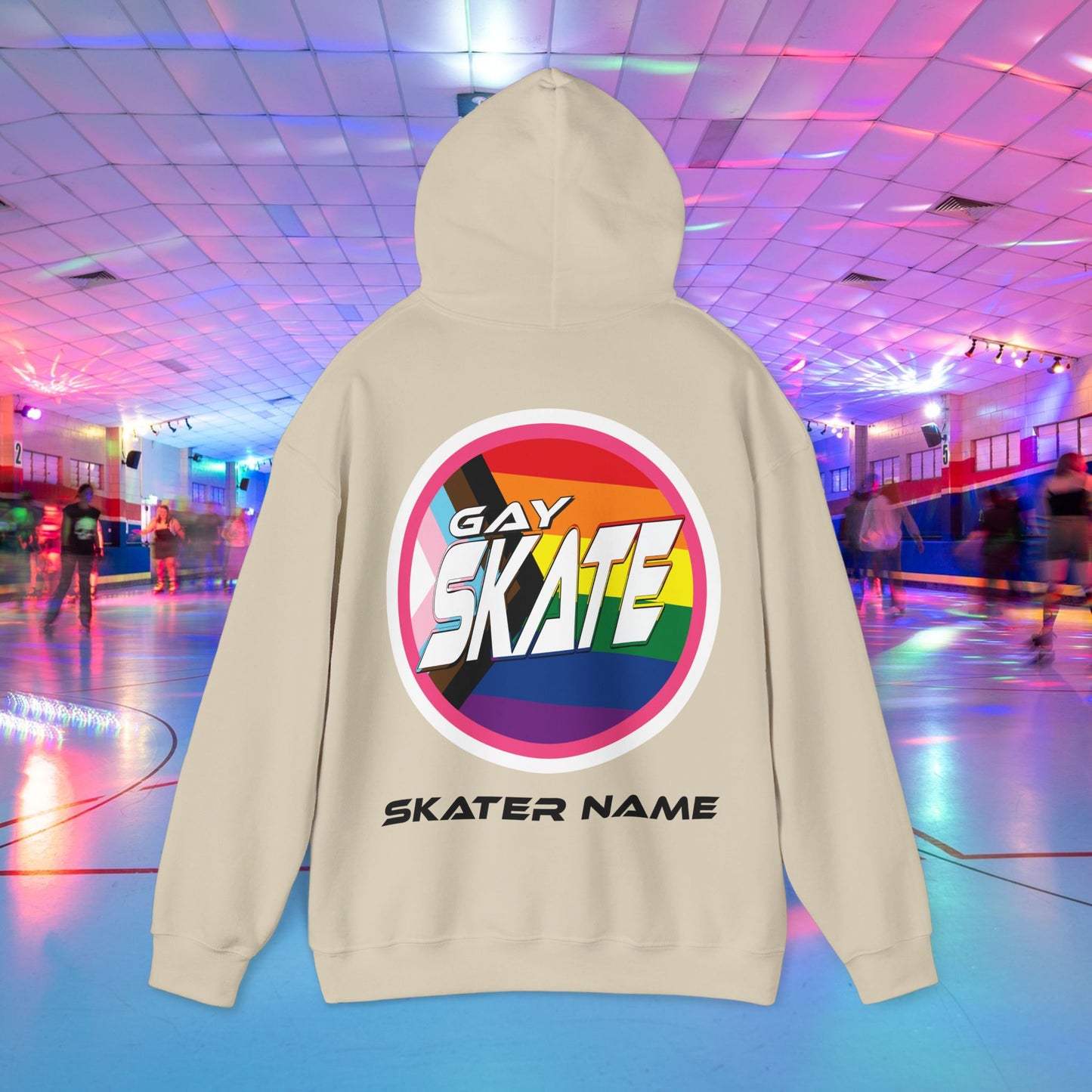 Gay Skate progress pride rainbow flag original logo on street wear hoodie. Back of hoodie with customised skater name added.