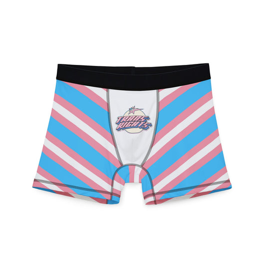 Printify's Trans Rights Boxers - original design, feature stylish pink, blue, and white diagonal stripes that embody the trans flag. They come with a black waistband and white crotch area for comfort, while the front displays a bold "Trans Rights" design. Show your support with these vibrant underpants!