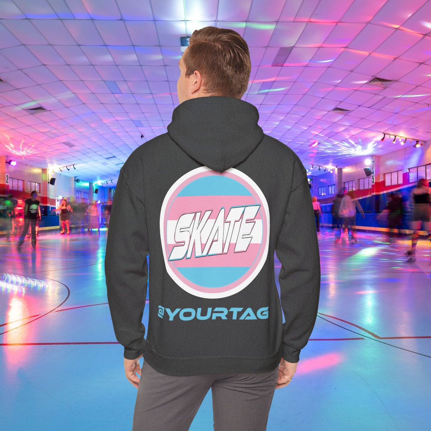 Add Custom Name - SKATE Trans Flag round logo Hoodie - Australian Shipping